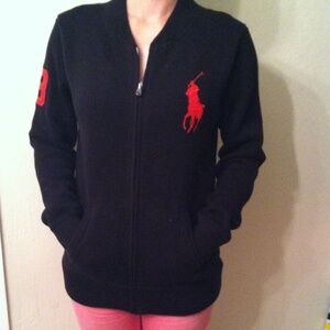 Polo by Ralph Lauren Black Zip-Up Cardigan with Red Pony & Sleeve Number
